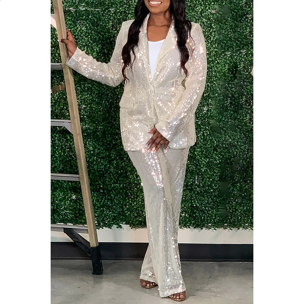 Plus Size Cocktail Party Pant Set White Sequin Lapel Long Sleeve Blazer Suit Two Piece 250106
