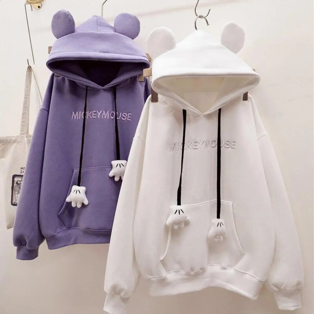 Women Hoodie Cartoon Hand Drawstring Ear Decor Thick Patch Pocket Loose Long Sleeves Pullover Warm Letter Embroidery Top 250106