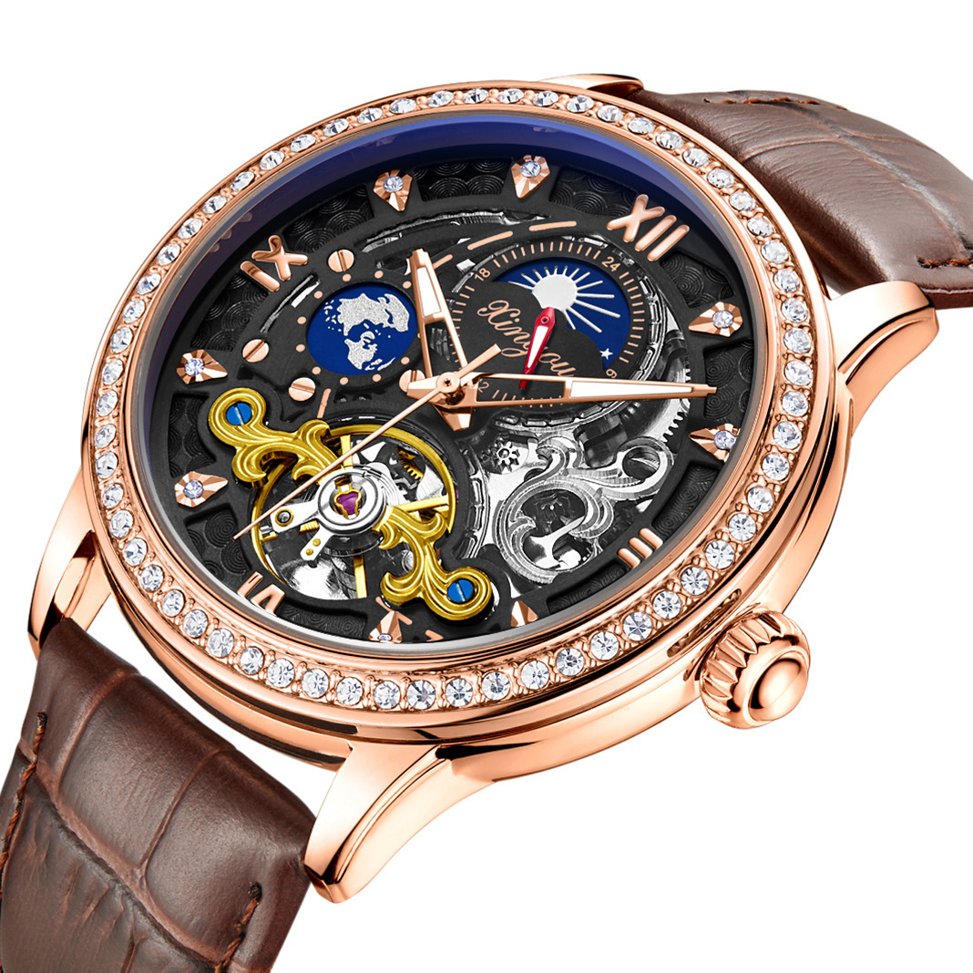 Luxury Skeleton Tourbillon Automatic Mechanical Watch with Moon Phase and Waterproof Leather Strap for Men