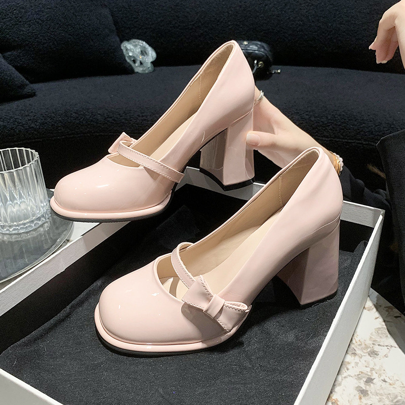 2024 Spring New Butterfly Button Strap Single Sweet French Pink Thick High Heels Mary Jane Shoes Women