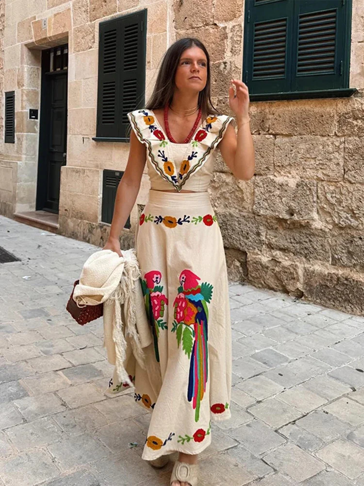 Fashion Print Crop Top Skirt Suits Women Chic Flying Sleeve Square Neck Sleeveless Set High Waisted Pleated Skirt 2024 Outfits 250109