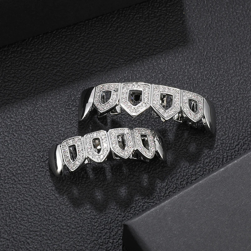 Teeth Set Iced Out Bling Caps Cubic Zircon Micro Pave Top Bottom Charm Grills For Men Women Jewelry 250107