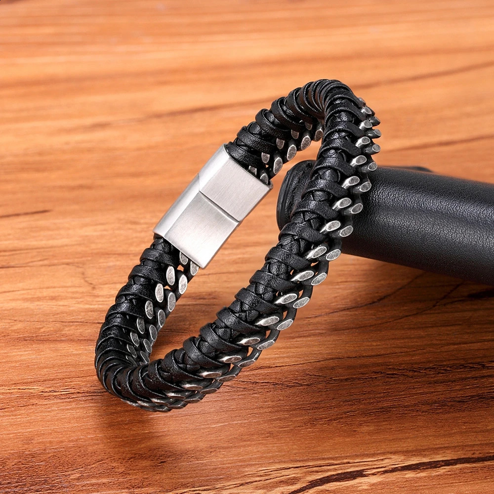 XQNI Retro Handmade Leather Braided Mens Bracelet Stainless Steel Buckle Business Mens Bracelet 250109