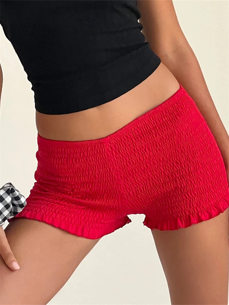 CHRONSTYLE Women Ruched Shorts Slim Fit Casual Elastic Waist Solid Color Ruffles Short Pants for Summer Party Clubwear 2024 250107