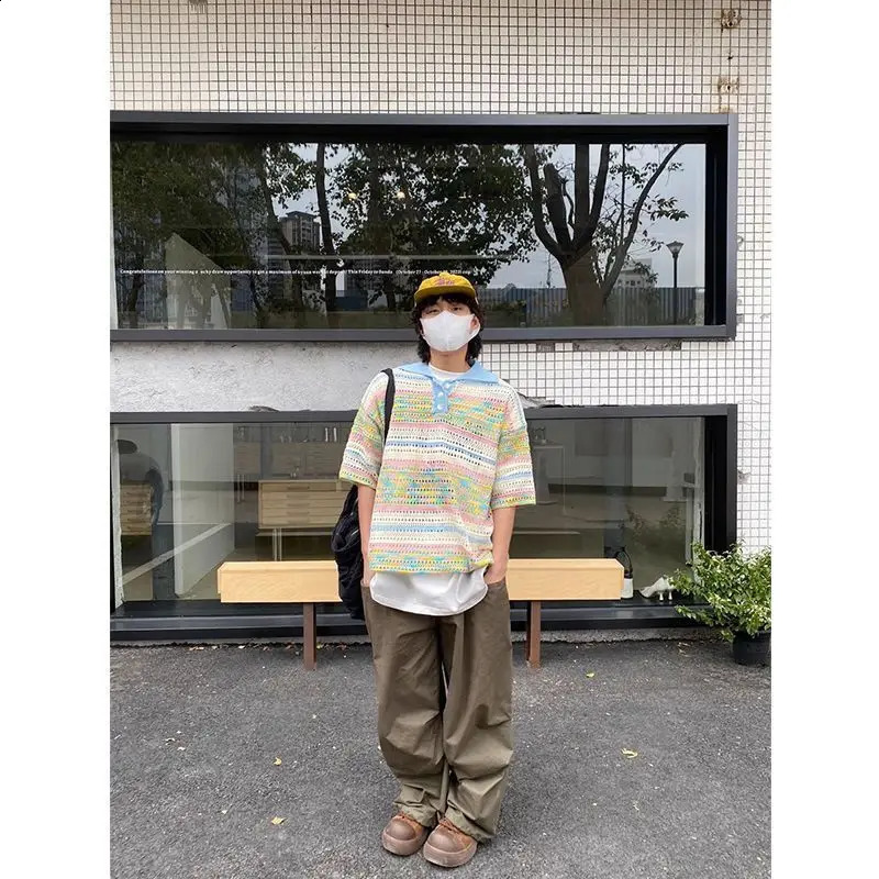 American street hip-hop color gradient hollow knitted polo shirt short sleeved mens and womens loose retro trendy T-shirt 250109