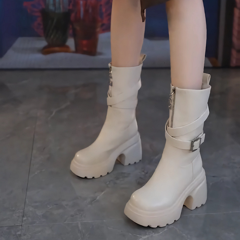 Handsome Knight Women's Midsole Boots, 2025 Autumn And Winter New Style, Front Zipper Versatile Buckle Heels, Knee High Boots