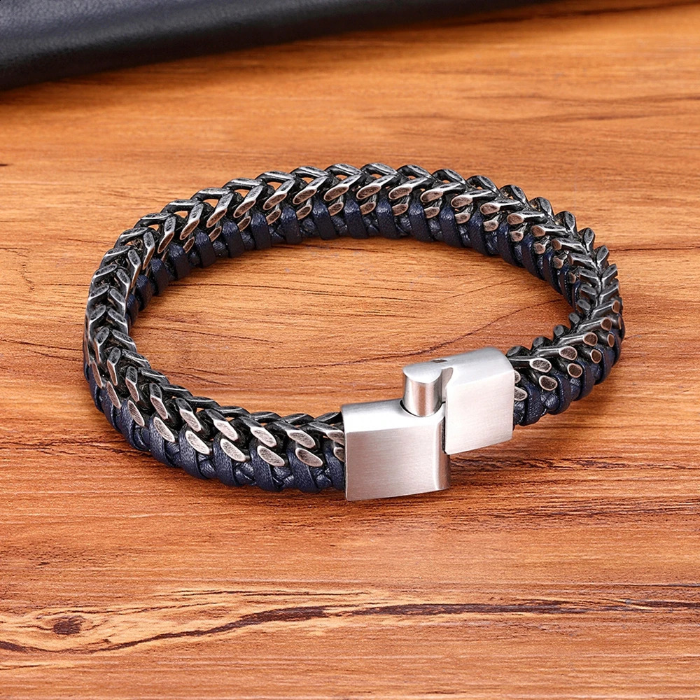 XQNI Retro Handmade Leather Braided Mens Bracelet Stainless Steel Buckle Business Mens Bracelet 250109
