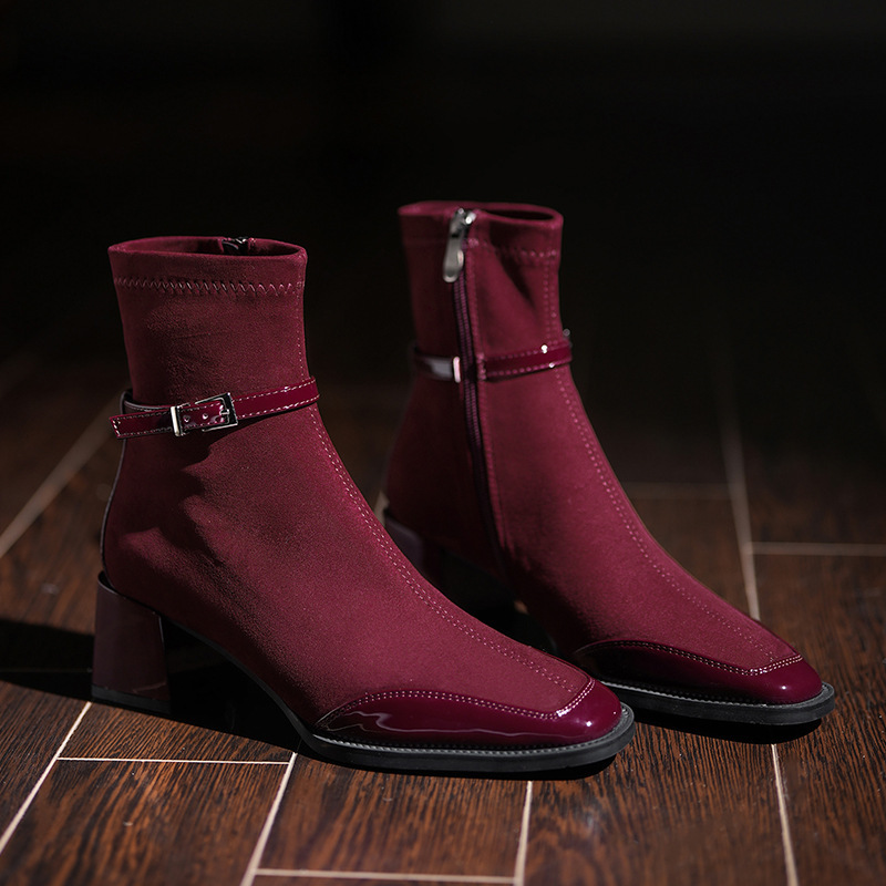5598-2 Ankela Red Cashmere Splicing Square Head Short Boots For Women, Thick Heels, Thin Versatile Martin Boots, Autumn