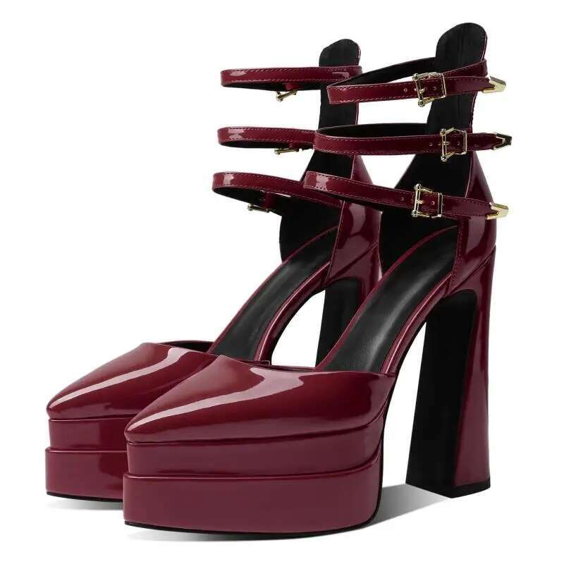 Pointed Head Shallow Mouth Fashion Sexy Increase Thick Heel Patent Leather Rivet Large Party Single Shoe Female