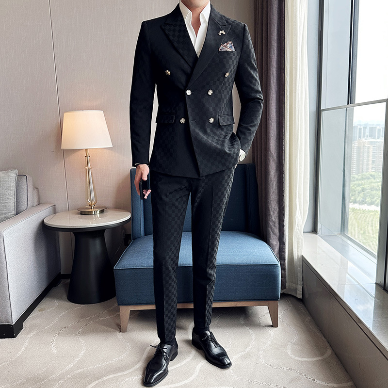 H447 Men's Korean style slim fit stylish plaid double-breasted business suit