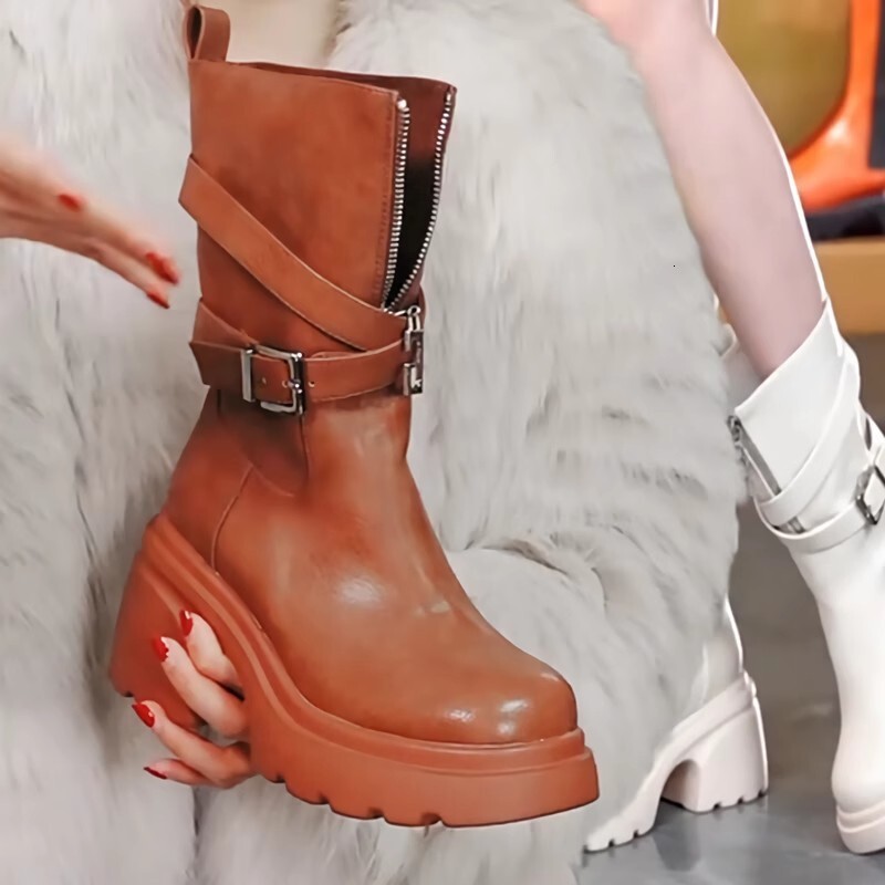 Handsome Knight Women's Midsole Boots, 2025 Autumn And Winter New Style, Front Zipper Versatile Buckle Heels, Knee High Boots