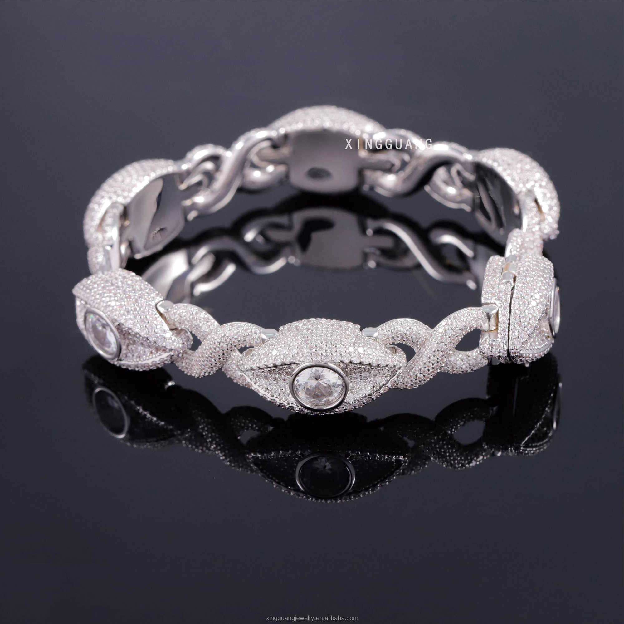 Pass diamond test VVS moissanite diamond eyes white gold plated 925 silver infinity links cuban chain bracelet jewelry