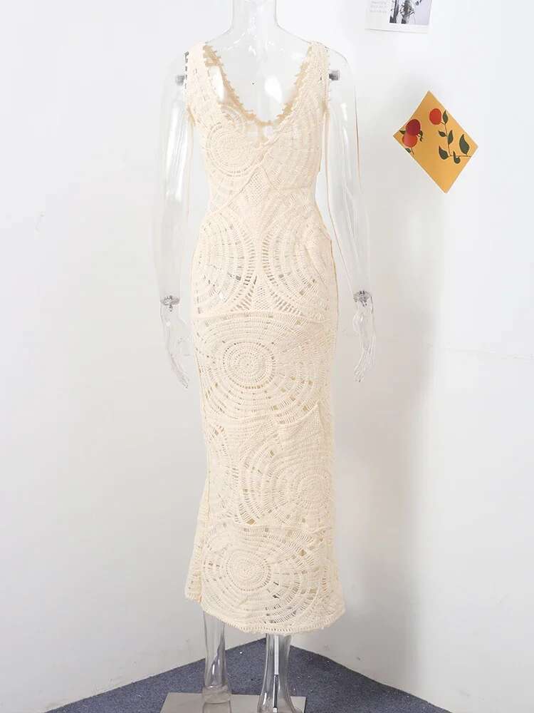 Hollow Out Chic Maxi Dress Women Sexy V-Neck Sleeveless Backless Slim Knit Dresses 2025 Summer Vacation Beach Vestidos