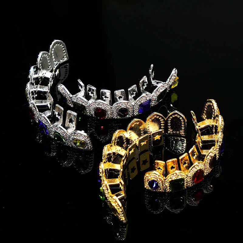 Hip Hop Set Gold Silver color Jewelry Cubic Zirconia Hip Hop Teeth Top Bottom Grills Party Gifts 250107