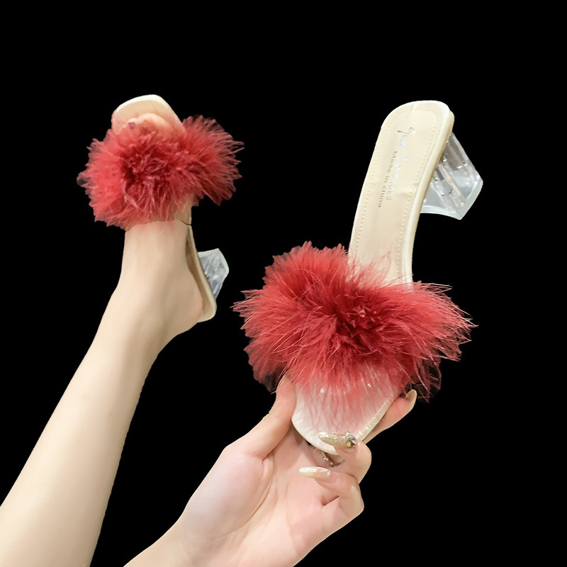 2023 New Summer Korean Edition High Heel With Thick Heels, One Line Slippery Plush Shoes, Bride Bridesmaid Morning Robe Matching Shoes