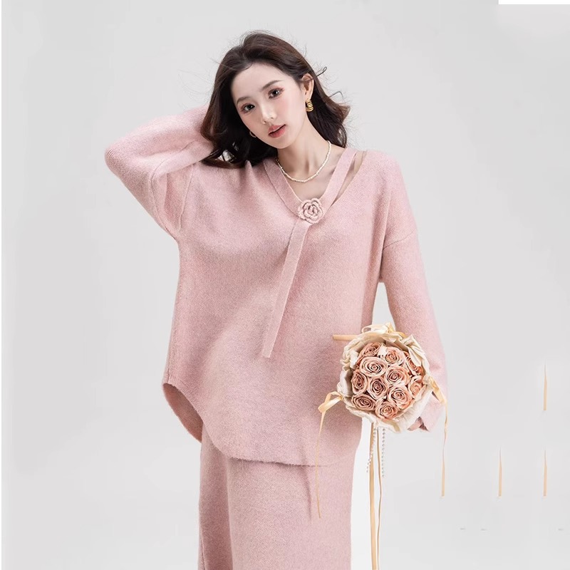 CO78277 Lazy style small fragrance style camellia sweater V-neck sweater suit French knitted long skirt two-piece suit