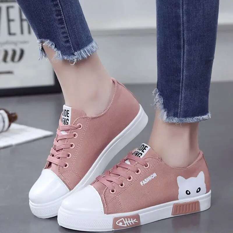 2025 Vulcanized Women Flats Canvas Female Cartoon Cat Women's Platform Sneakers Ladies Board Shoes Round Toe Plus Size 40