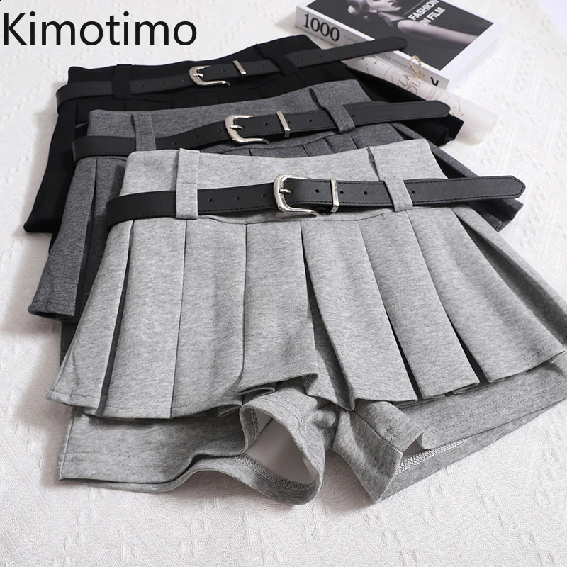 Kimotimo Womens Shorts Autumn Winter Belt High Waist Fluffy Pleated Aline Short Pants Korean Fashion Sexy Y2k All Match Clothes 250107