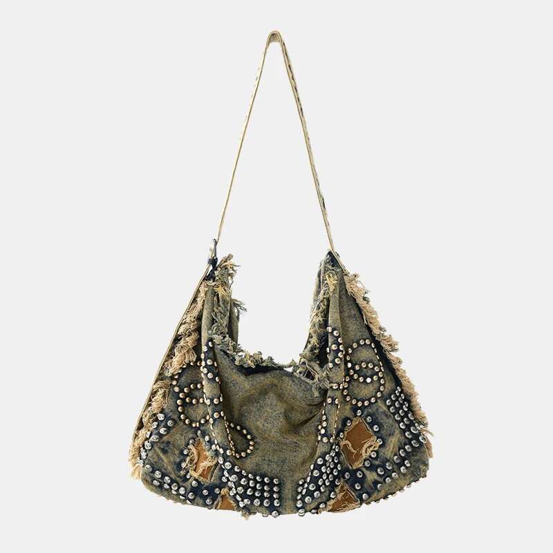 European/American Retro Denim Pleated Fringe Edge Rivet Shoulder With Personalized Fashion And Large Capacity Crossbody Bag
