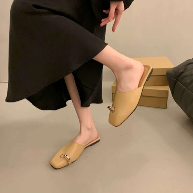 Novelty Design Slippers Women's Square Toe Mules Shoes 2024 Summer New Cow Leather Ladies Fashion Out Door Slipper Dcfh233