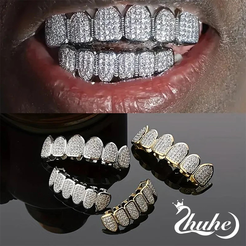 2024 Full Diamond Gold And Silver Braces Hip Hop Rock Style Mens Copper Alloy Jewelry Party Gift 250107