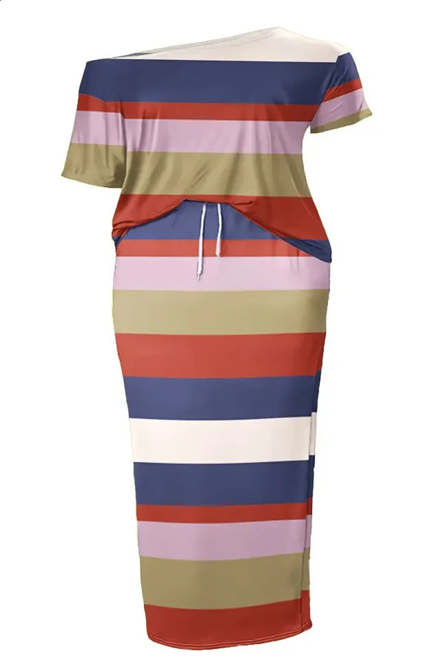 Plus Size Multicolor Casual All Over Print With Pocket Two Piece Skirt Sets 250106