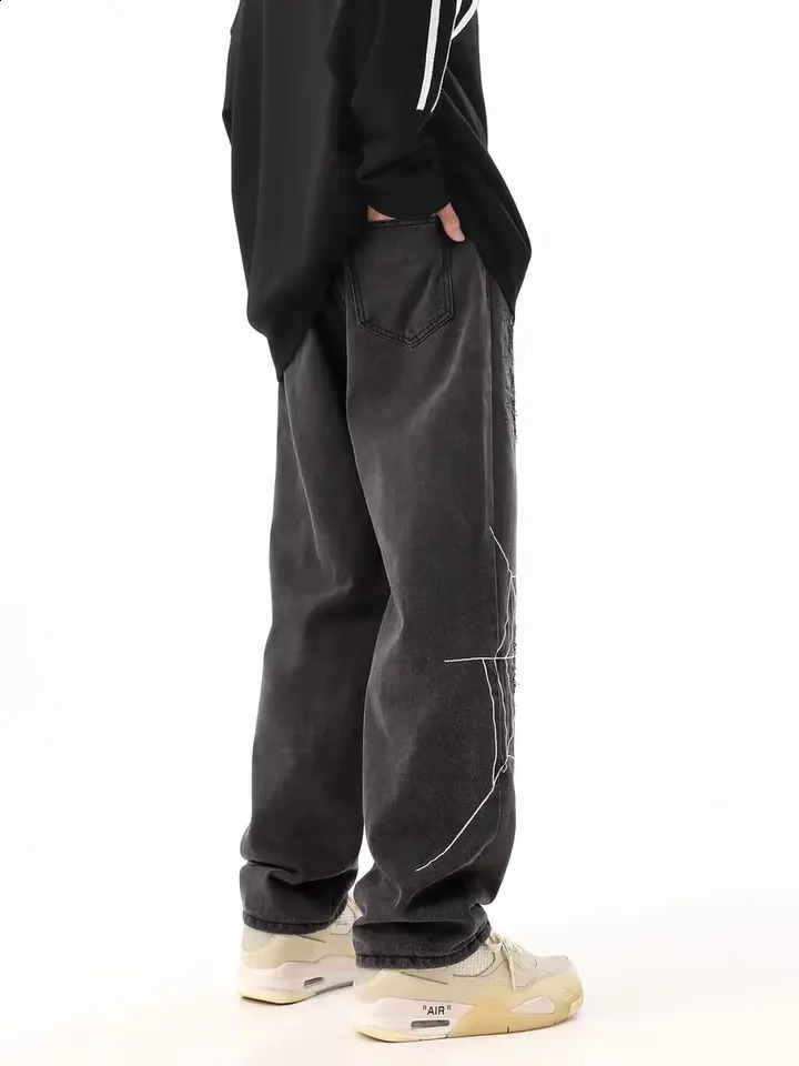 y2k Jeans Mens Spider Web Printed Pants American Vintage Hip Hop Style Casual Loose Aesthetic Straight High Street Wide Leg Pan 250109