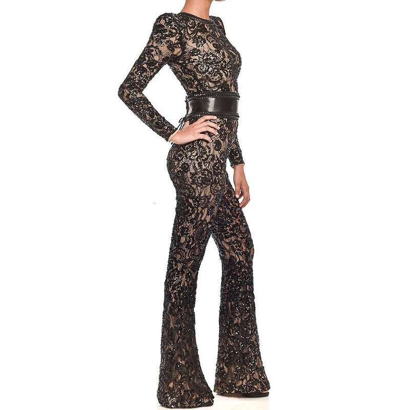 Elegant Retro Sleeve Lady Embroidery Jumpsuit Fashion Lace Long Romper For Women 2025 Autumn High Waist O- Neck Overall
