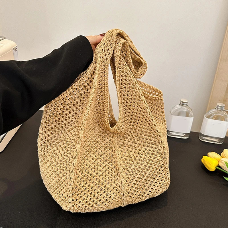 Women Crochet Tote Bag Fashion Hollow Out Knitted Large Capacity Handbag Female Summer Beach Solid Color Woven Shoulder 250107