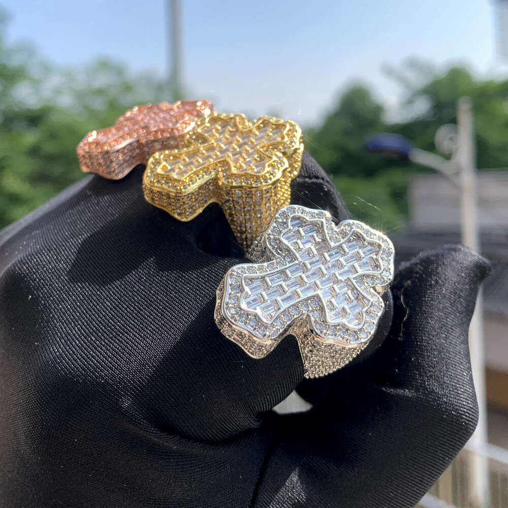 Wind Hip Hop Full Dia Cross Zircon Ring Trendy Platinum Rose Gold