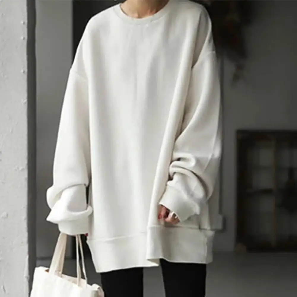 Women Sweatshirt Oversize Long Sleeves Crew Neck Solid Color Pullover Warm Soft Long Style Autumn Sweatshirt Female Clothes 250106