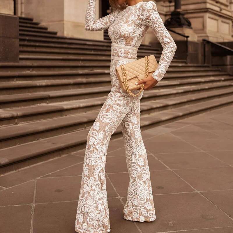 Elegant Retro Sleeve Lady Embroidery Jumpsuit Fashion Lace Long Romper For Women 2025 Autumn High Waist O- Neck Overall