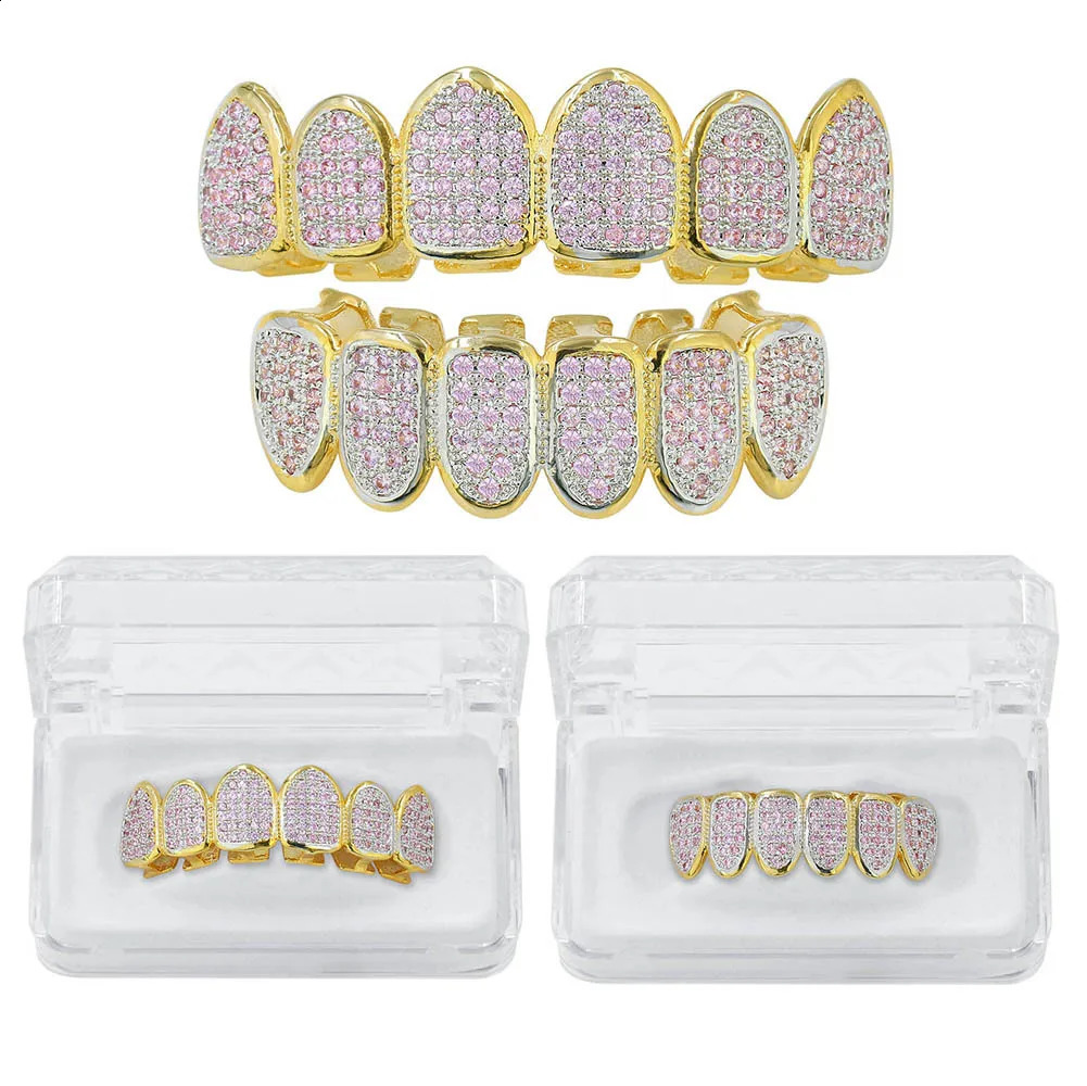 Hip Hop Men Women Iced Out Cubic Zircon Top Bottom Teeth Caps Pink CZ Micro Pave Teeth Grills Halloween Cosplay Jewelry 250107