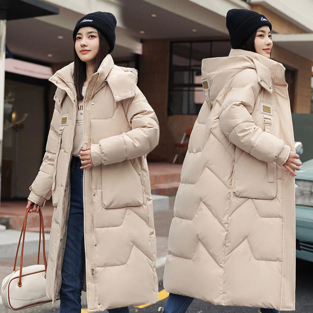 Winter Long Parkas Women Down Padded Coat Puffer Jacket Leather Label Hooded Big Pocket Polyester Fabric Cotton Snow Outwear 250108