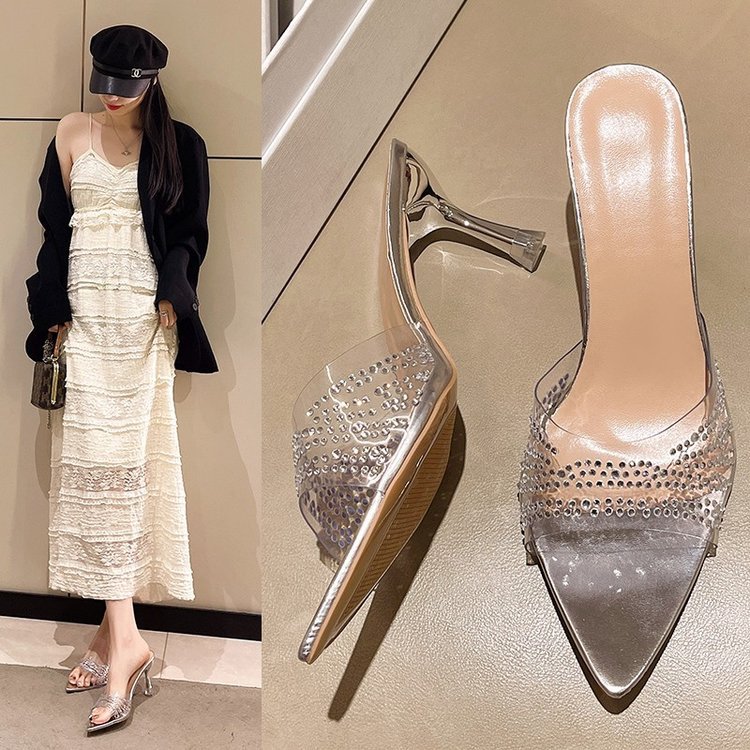 Women Slippers Fashion Sexy Style Versatile Diamond Design Transparent Belt High Heel Plus Size Triple Silver Free shipping