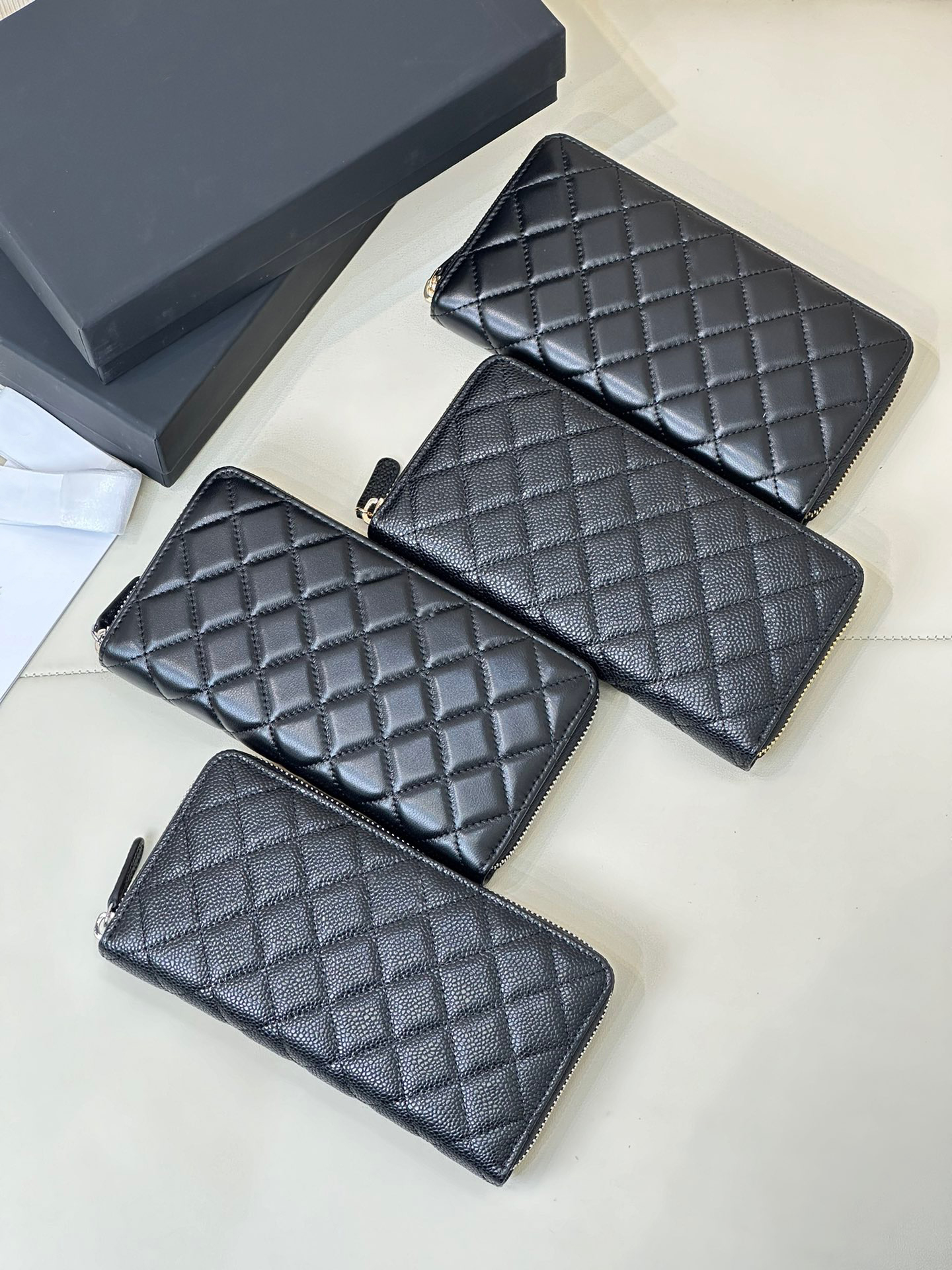 10A new long zipper women wallet with complete box classic caviar sheepskin genuine leather pocket on back wallet gold & silver hardware 50097