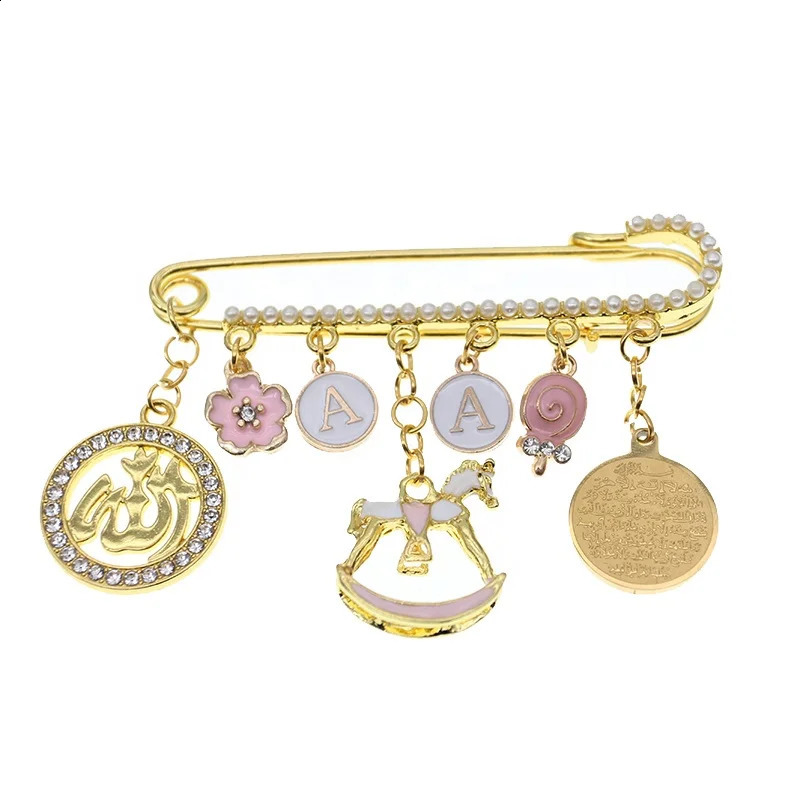 2pcs/lot Gold Plated Muslim Islamic Baby Pins Rhinestone Baby Stroller Safety Pins With Loops for born Gift Jewelry Making 250103