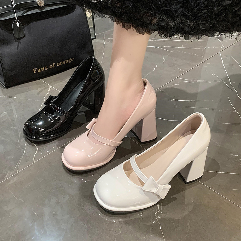 2024 Spring New Butterfly Button Strap Single Sweet French Pink Thick High Heels Mary Jane Shoes Women