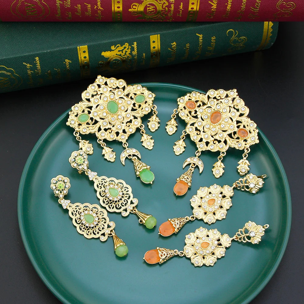 Neovisson Fashion Style Morocco Brooch Earring Bride Jewelry Sets For Women n Orange Crystal Gold Color Brooch Earring Gift 250103