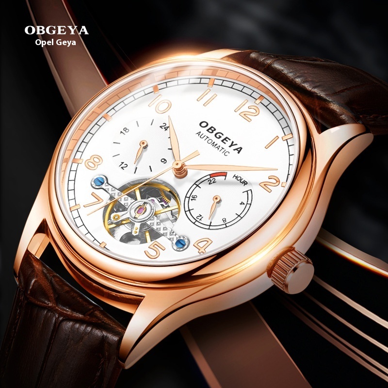 Men's Fashionable Waterproof Automatic Mechanical Watch with Large Digital Dial and Leather Strap