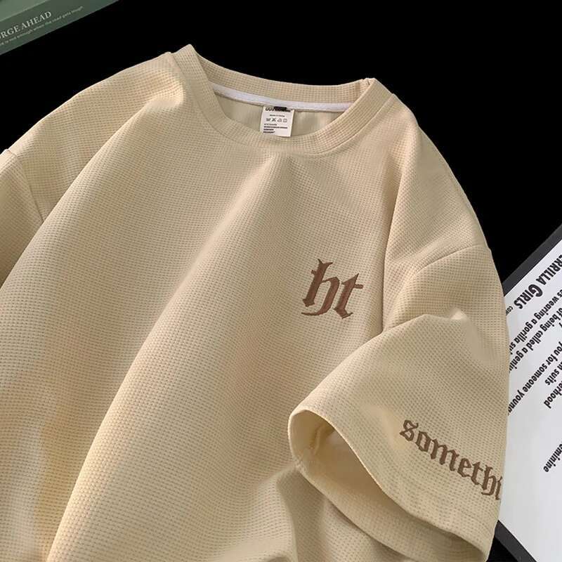 2025 Summer New Letter Embroidered Waffle T-shirt Men's Y2K Retro Street Dress Designer T-shirt Breathable Short Sleeve Round Neck T-shirt