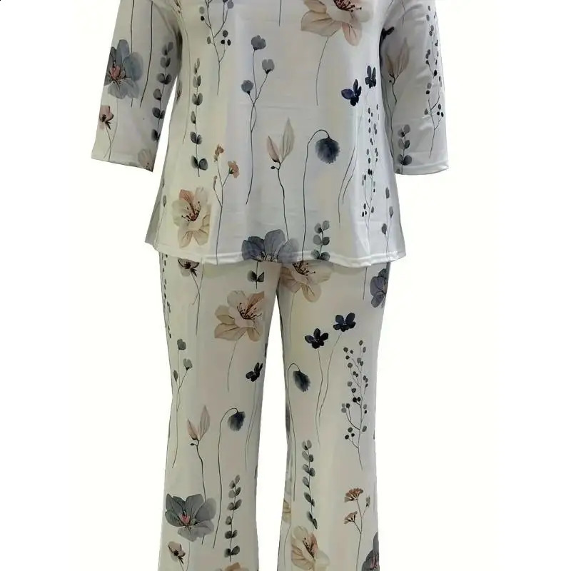 Fashion Selling Plus Size Casual Outfit Set Womens Floral Print Long Sleeved Round Neck Top and Pants Twopiece y250122