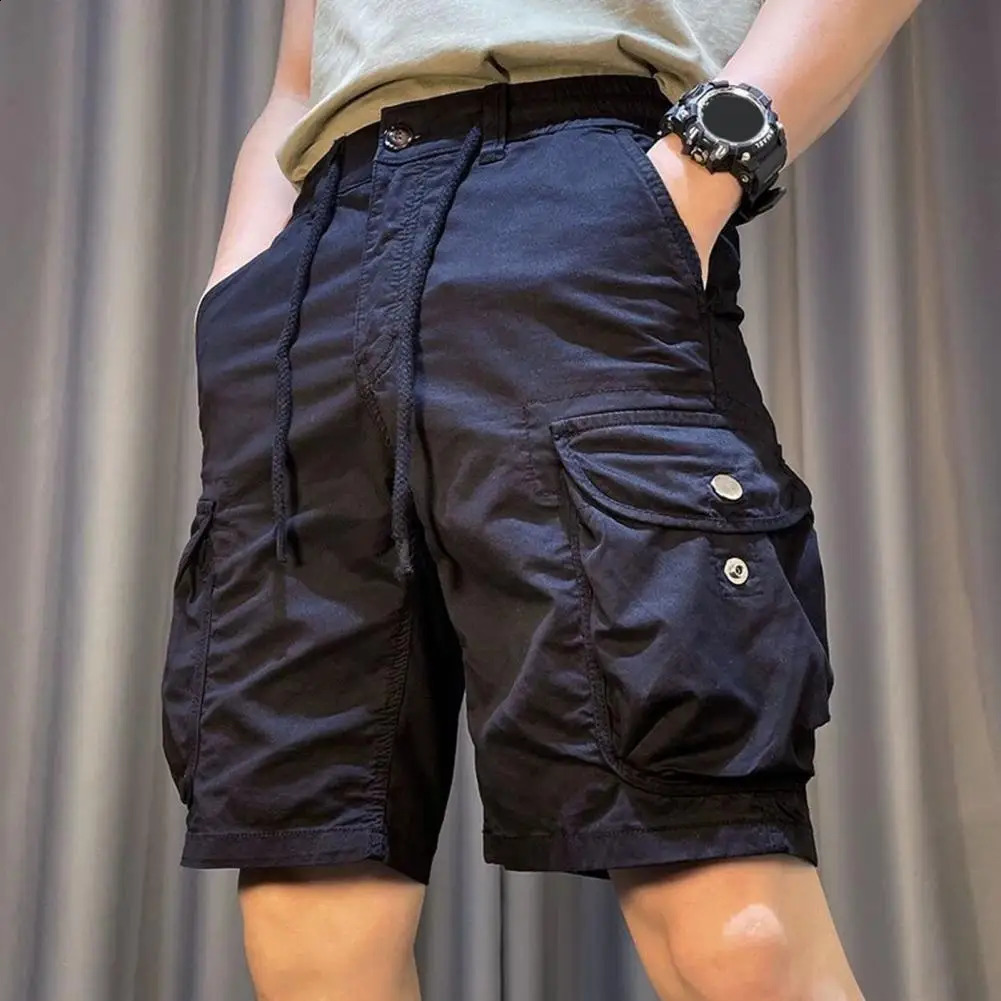 Durable Men Shorts Elastic Waist Mens Cargo Adjustable Drawstring Reinforced Pockets Straight Leg for Beach or Casual 250103