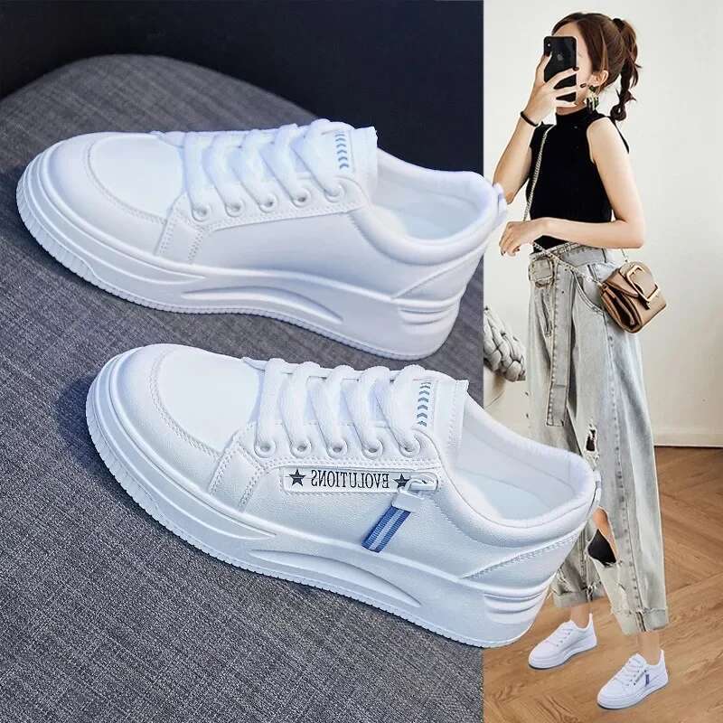 2025 New Fashion Women Casual Trend Breathable White Sneakers Comfort Low Top Lace Up Board Shoes Side Zipper Design Flats