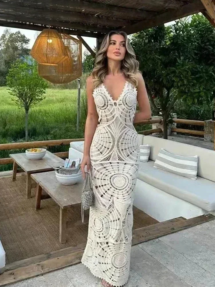 Hollow Out Chic Maxi Dress Women Sexy V-Neck Sleeveless Backless Slim Knit Dresses 2025 Summer Vacation Beach Vestidos