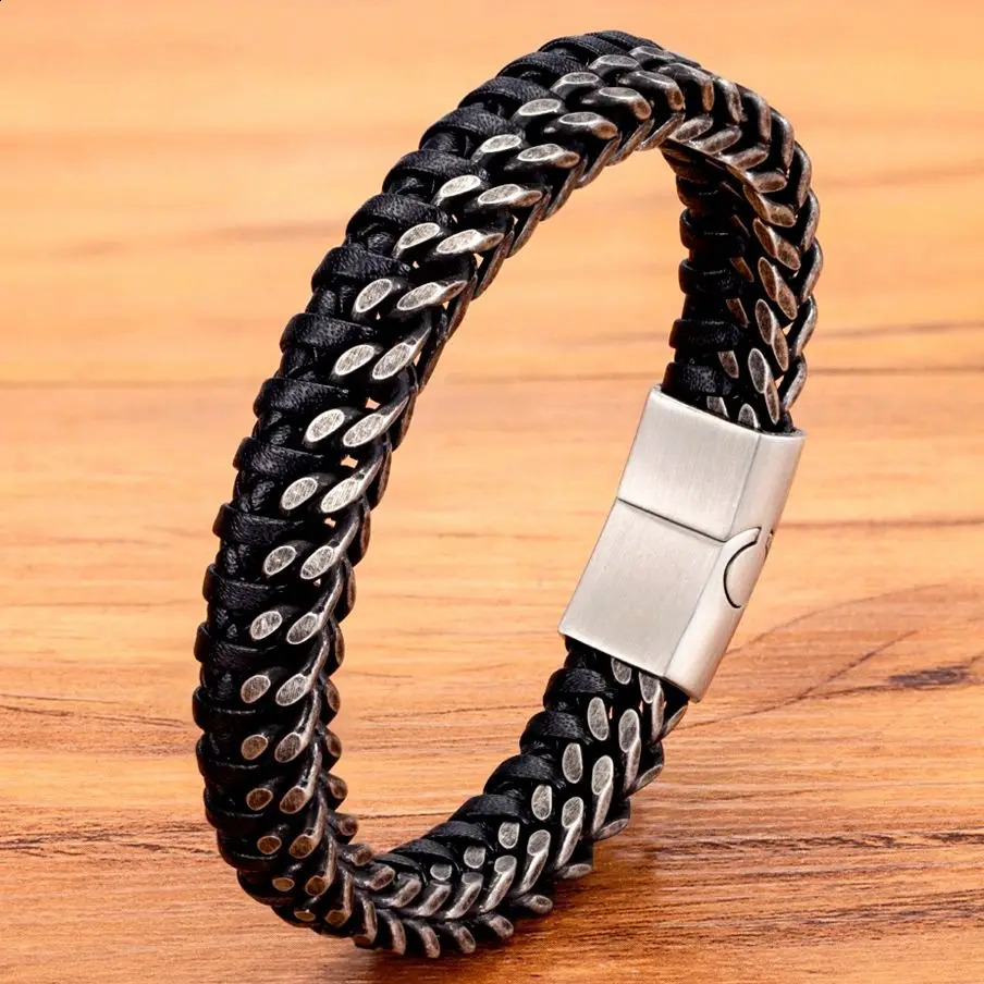 XQNI Retro Handmade Leather Braided Mens Bracelet Stainless Steel Buckle Business Mens Bracelet 250109