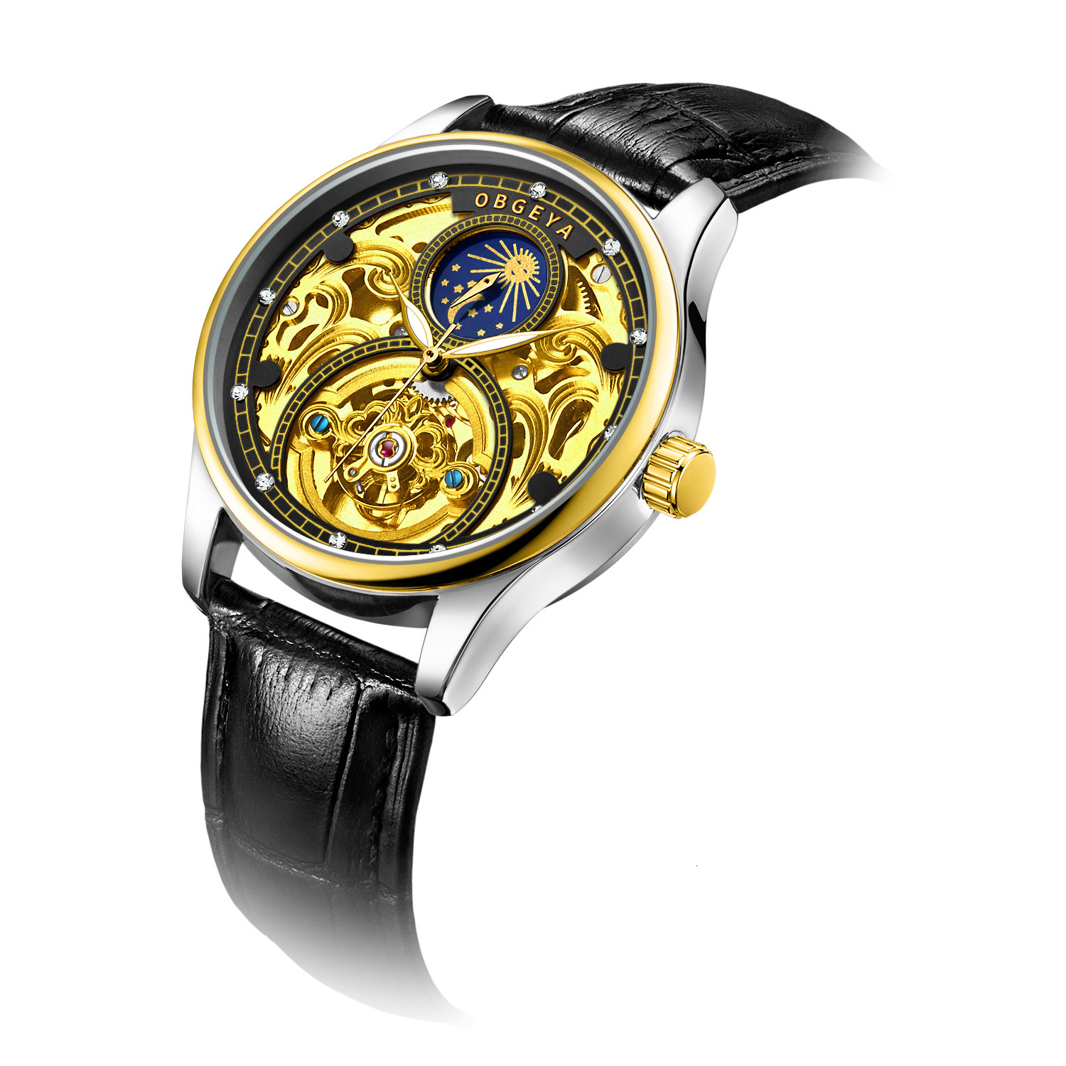 Luxury Skeleton Moon Phase Tourbillon Automatic Mechanical Watch for Men with Waterproof Leather Strap