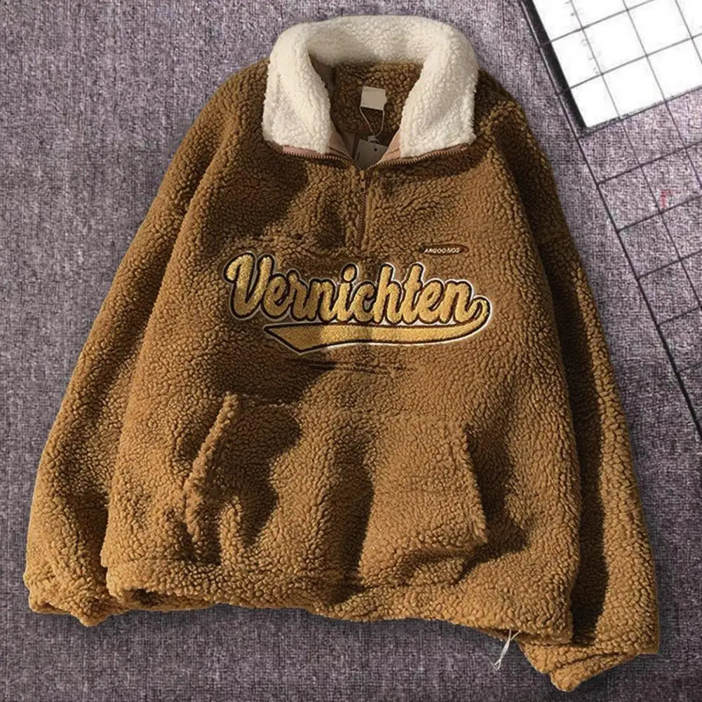 Women Sweatshirt Zipper Turn-down Collar Thermal Big Pocket Autumn Sweatshirt for School 250106