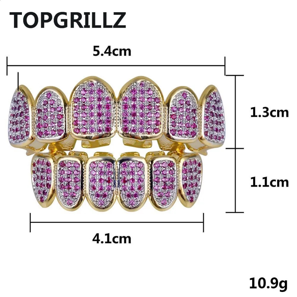 Fit Hip Hop Gold Teeth Caps Micro Pave Fuchsia Cubic Zirconia Top Bottom Grills Set for Christmas Gift Women 250107