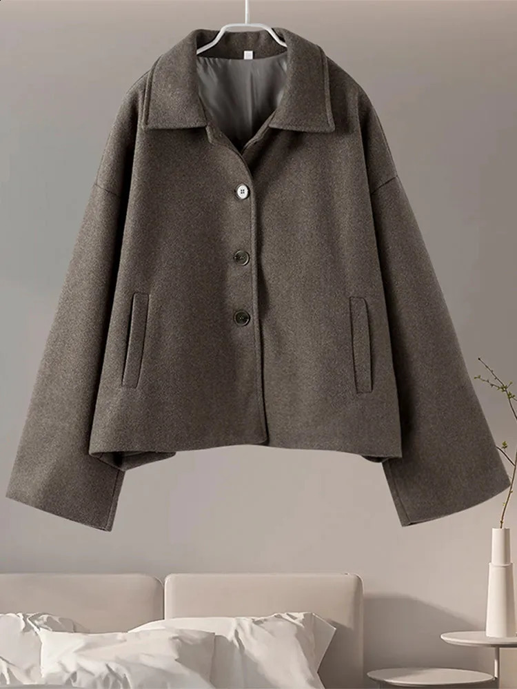 Fashion Lapel Wool Blends Jackets Woman Solid Long Sleeve Single Breasted Quilted Female Coat Autumn Street Outerwears 250109